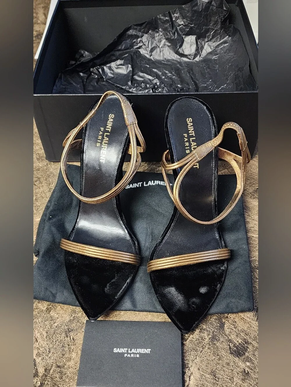 Saint Laurent Paris Black and Metallic Gold Slingback Sandals